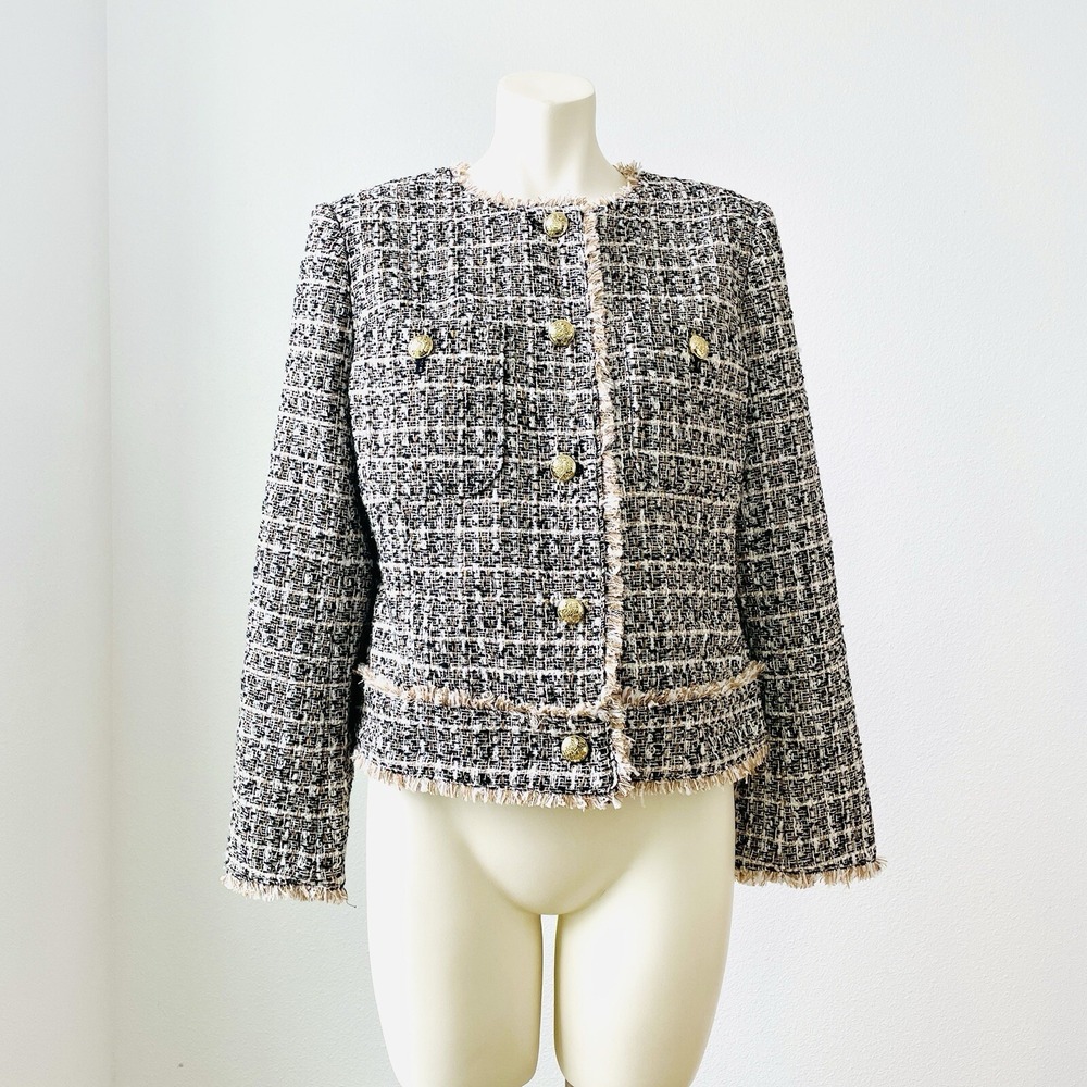 Dennis Basso Woman's Tweed Military Jacket with Frayed Hem Size 12  Black Tan
